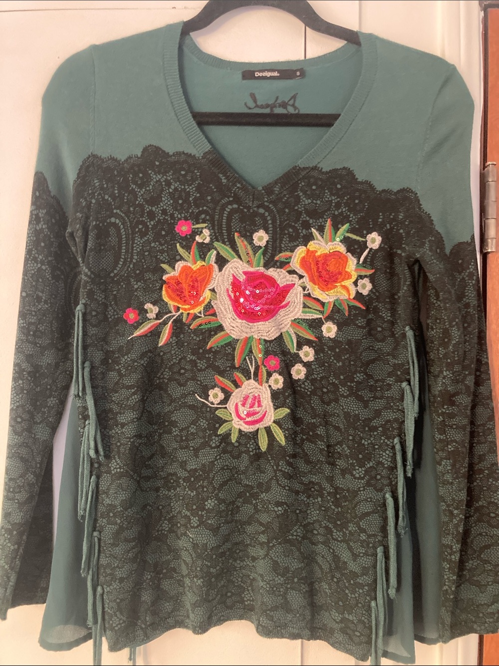 Desigual Teal & Black Lace V-Neck Sweatshirt with Floral Embroidery